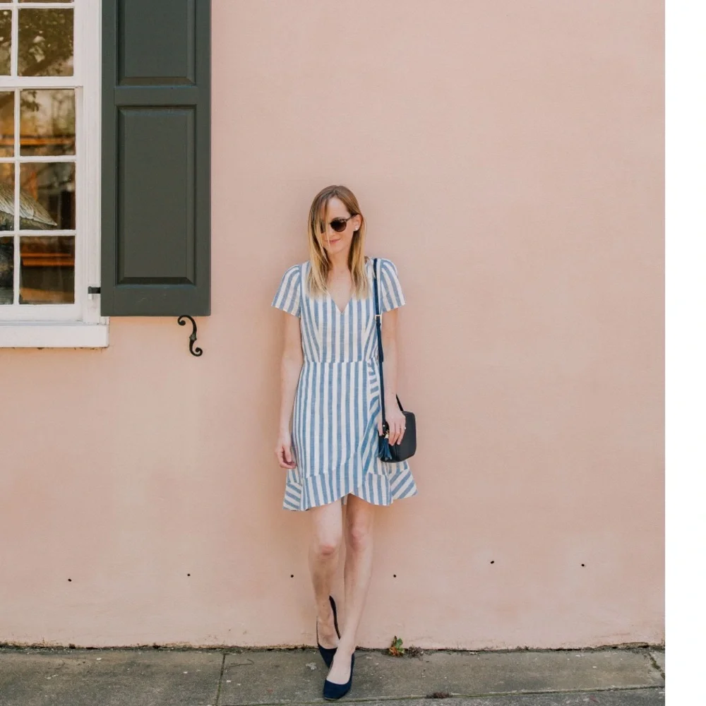 J. Crew Classic Striped Ruffle V-Neck Dress Size 4 Light Blue and Off-White